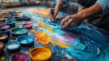 Vibrant oil paintings on easels in an artistic studio with colorful palettes and warm lighting photo