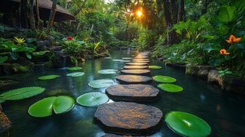 Stepping stones in the water at sunset photo