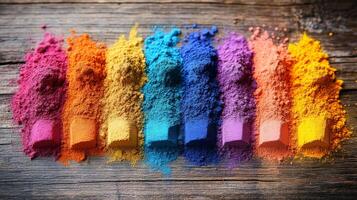 Colorful powder on wooden table photo