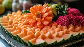 A platter of sliced melon and flowers photo