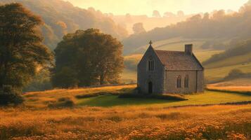 A small church sits in the middle of a field photo