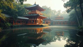 A large building with a pond in front of it photo