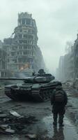 A man stands in front of a tank in a city photo