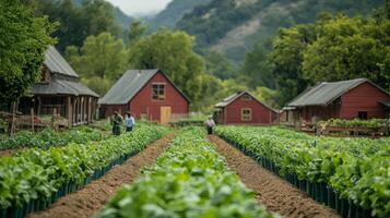 A farm with rows of vegetables and people walking through photo
