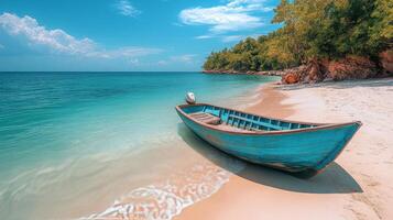Colorful wooden boat resting on a sandy beach by the tranquil turquoise sea on a sunny day photo