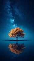A tree is reflected in the water at night photo