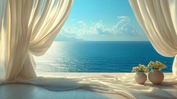 A window with curtains and a view of the ocean photo