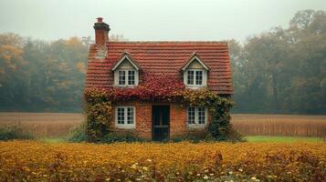 An old house in the middle of a field photo