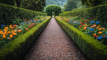 A path through a garden with colorful flowers photo
