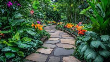 A stone path surrounded by tropical plants photo