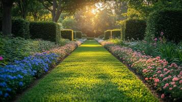 A beautiful garden with green grass and flowers photo