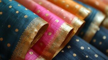 A close up of colorful silk saris photo