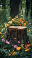 A tree stump with flowers in the middle of a forest photo