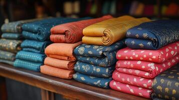 A pile of colorful cloths on a wooden shelf photo