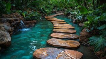 Stepping stones in the water at the tropical garden photo