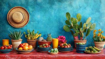 Mexican food and cactus plants on a table photo