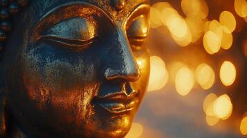 A close up of a buddha statue with a bokeh effect photo