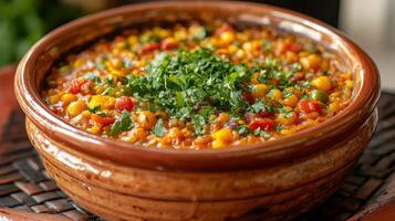 A bowl of food with a green garnish photo