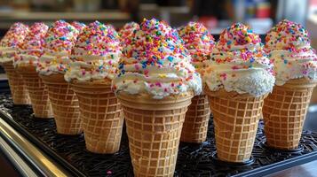 A row of ice cream cones with sprinkles on top photo