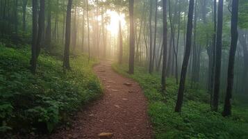 A path through a forest with trees and sun photo