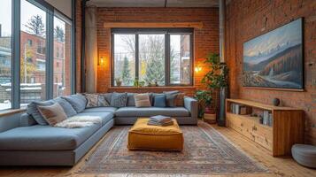 A living room with a couch, a coffee table, and a window photo