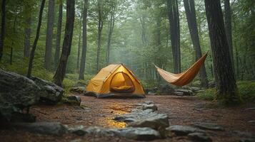 A tent is set up in the woods with a hammock photo