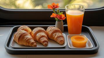 A tray with orange juice, orange slices, and croissants on it photo