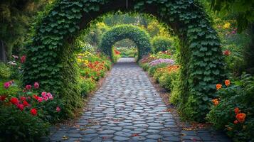 A stone path surrounded by flowers and trees photo