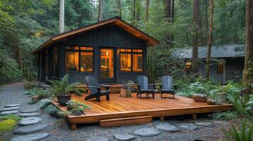 A small cabin in the woods with chairs and a deck photo