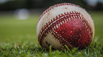 A baseball with water droplets on it sitting on the grass photo