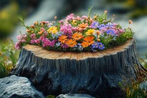 A stump with flowers on it in the middle of a field photo