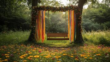 A swing sitting in a field of flowers photo