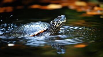 A turtle swimming in a pond with leaves photo