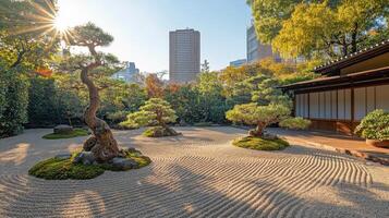Tranquil Japanese garden with sand patterns and bonsai trees during sunrise in an urban setting photo