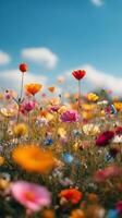 Vibrant wildflower field with a clear blue sky and fluffy clouds in a sunny season photo