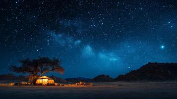 Starlit campsite under the expansive night sky in a tranquil desert setting photo
