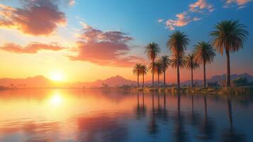 Palm trees in the water at sunset photo