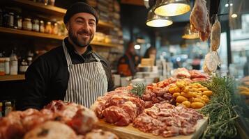 A smiling man standing in front of a butcher's counter photo