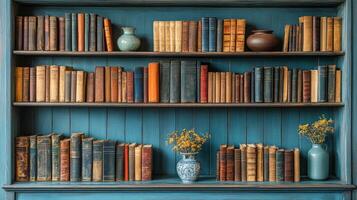 Old books on a blue shelf in a blue room photo