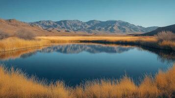 A pond surrounded by tall grass and mountains photo