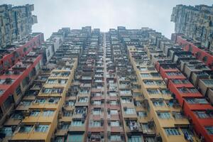 A view up at a multi - colored building photo