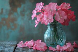 Pink flowers in a glass vase on a wooden table photo
