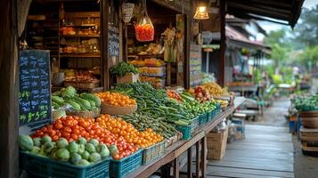 Colorful fruit market displays fresh produce in a rural setting during daytime photo