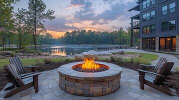 A fire pit in front of a lake and apartment buildings photo