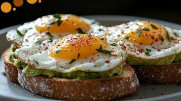 Delicious breakfast toast topped with avocado, fried egg, and spices served on a wooden table photo