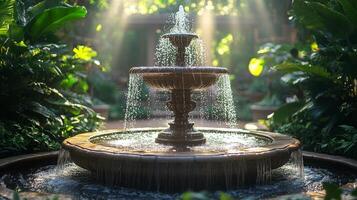 Tranquil water fountain surrounded by lush greenery in a serene garden setting photo