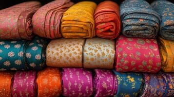Vibrant textile display with intricate patterns in a traditional fabric shop photo