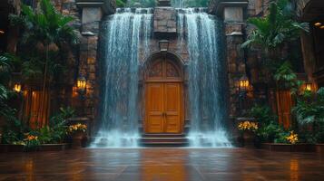 Serene entrance revealing a tranquil waterfall and lush greenery in a tropical oasis photo