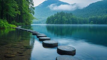 Stepping stones in a lake surrounded by trees photo