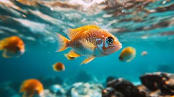 Colorful tropical fish swimming in clear ocean water near coral reef at midday photo